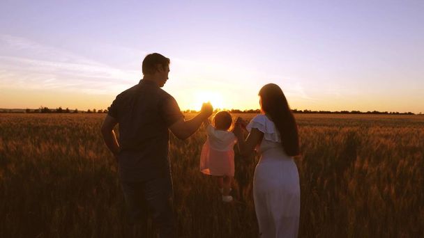 Enfant avec ses parents marche champ avec du blé dans les rayons du coucher de soleil doré
. - Photo, image