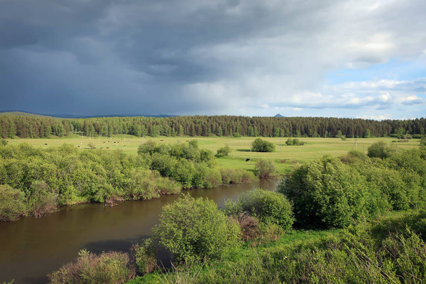 Θέα στο ποτάμι Belaya σε Μπασκιρία από το βροχερό καιρό, Ρωσία - Φωτογραφία, εικόνα