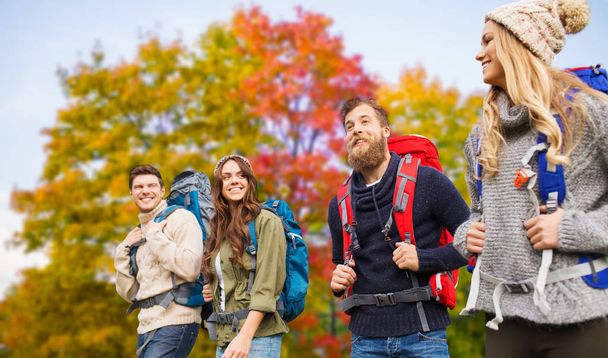group of friends with backpacks hiking in autumn - Fotografie, Obrázek