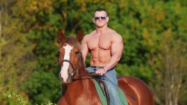 Важка атлетика з оголеним торсом, що сидить на вигині коня, помітно посеред природи
 - Кадри, відео