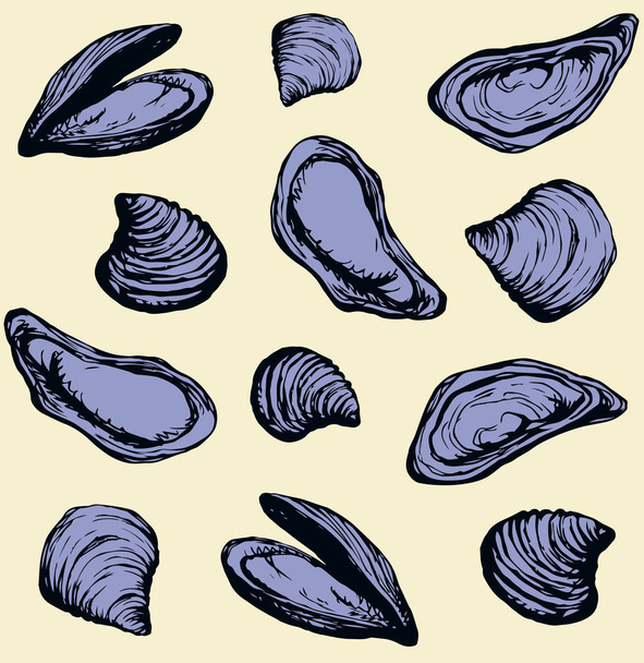 Big fresh perl Ostreidae mollusc on beige backdrop. Outline black ink hand drawn french diet delicacy dining icon sign design sketchy in retro art cartoon doodle engraved style pen on white paper - Vector, Image