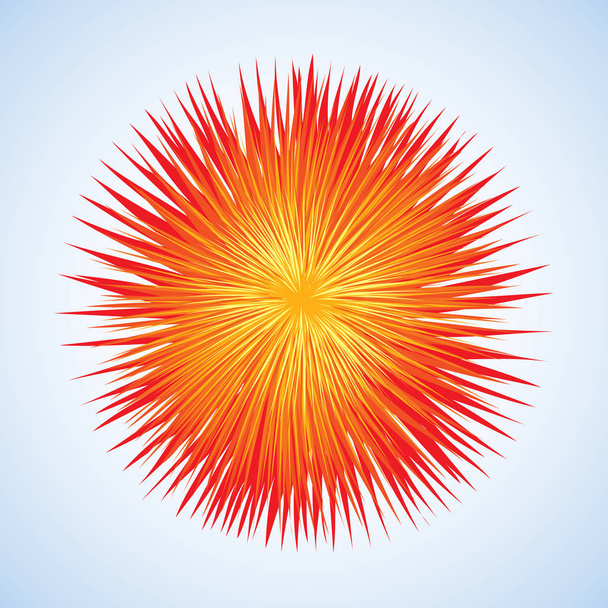 Artistic bright warm red burn circle midpoint drawing shape design. Optical illusion fuzzy sphere form in art cartoon creative style. Yellow color motley power boom ball symbol on sky space for text - Vector, Image