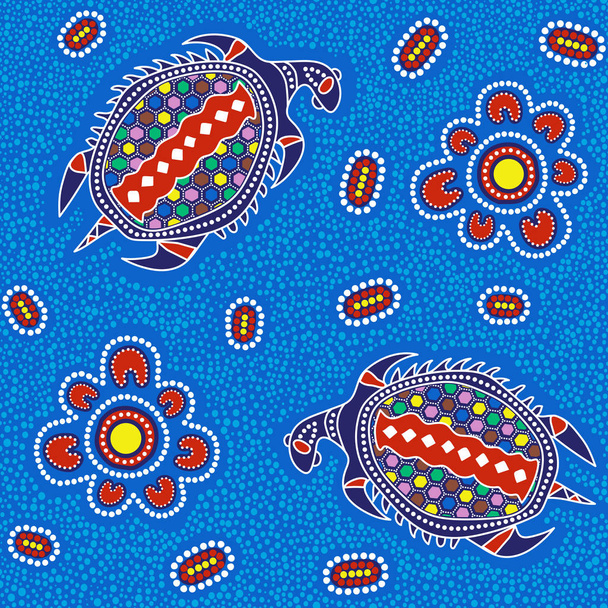 Avustralya Aborjin sorunsuz vektör desen renkli noktalı daireler, kaplumbağalar ve diğer öğeleri noktalı arka plan veya doku - Vektör, Görsel