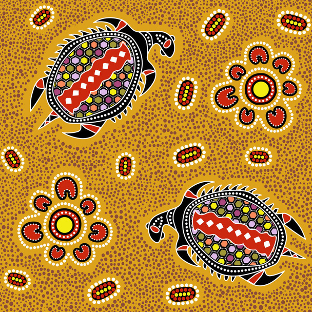 Австралійських аборигенів безшовні вектор візерунок з барвисті пунктирною колах, черепахи та інші елементи на пунктирною фон або текстури - Вектор, зображення