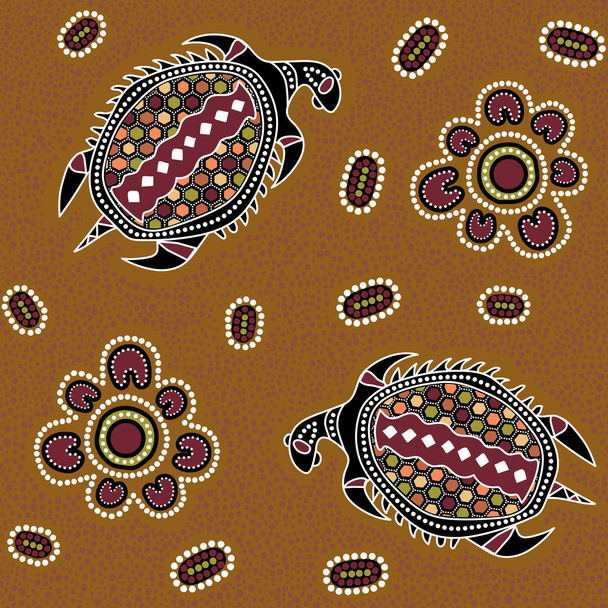Ausztrál őslakosok folytonos vector minta színes pontozott körök, teknősök és más elemek, pontokkal tagolt háttér és textúra - Vektor, kép
