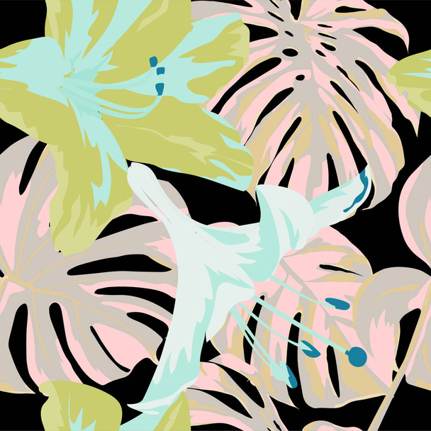 Tropical Print. Jungle Seamless Pattern. Vector Tropic Summer Motif with Hawaiian Flowers.  - Vector, afbeelding