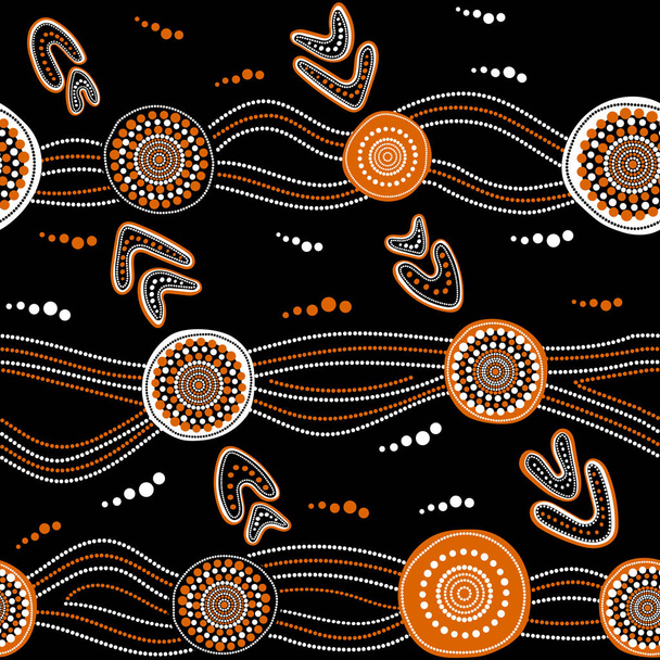Patrón vectorial aborigen australiano sin costuras con círculos punteados blancos y naranjas, anillos, boomerangs y rayas onduladas sobre fondo negro
 - Vector, imagen