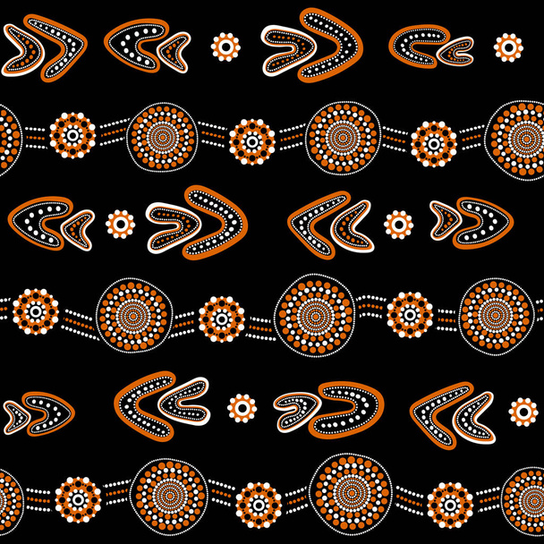 Australian aboriginal seamless vector pattern with white and orange dotted circles, rings, boomerangs and wavy stripes on black background - Vektör, Görsel