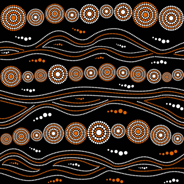 Australian aboriginal seamless vector pattern with white and orange dotted circles, rings and crooked stripes on black background - Vektör, Görsel