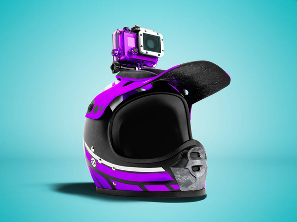 Mor eylem kamera 3d render gölge ile mavi arka plan ile modern mor motosiklet kask - Fotoğraf, Görsel