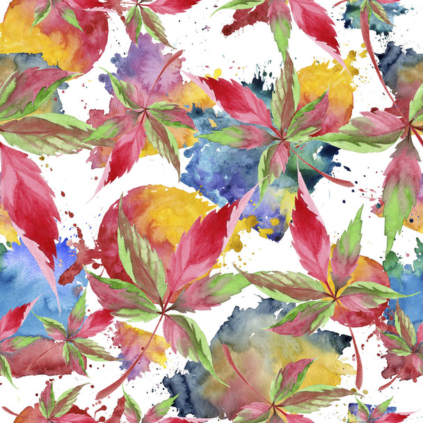 Watercolor red grapes leaves. Leaf plant botanical garden floral foliage. Seamless background pattern. Fabric wallpaper print texture. Aquarelle leaf for background, texture, wrapper pattern. - Photo, Image