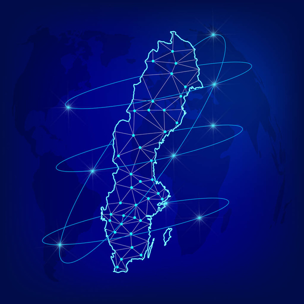 Concept de réseau logistique mondial. Carte du réseau de communications Suède sur l'arrière-plan mondial. Carte de la Suède avec des nœuds de style polygonal. Illustration vectorielle EPS10
.  - Vecteur, image