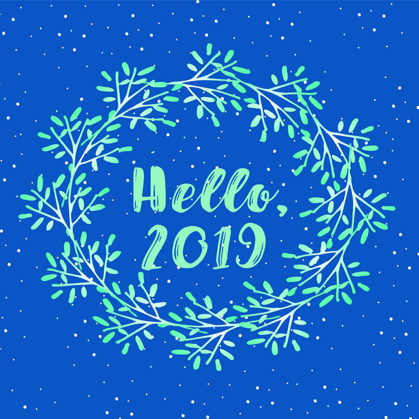 Christmas greetings card, 2019 year. Beautiful Christmas wreath of green twigs on a snowy background pattern - magic night - Vector, Imagen