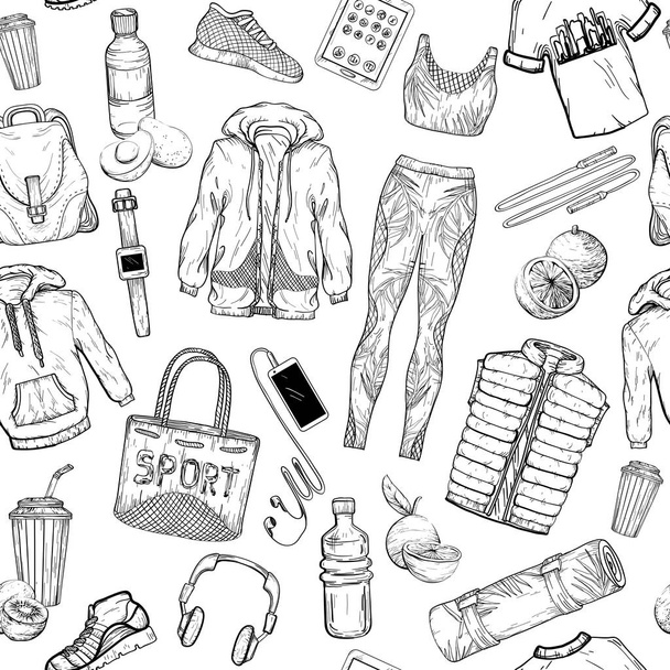 Seamless pattern with female sportswear, sport gadgets and healthy lifestyle set. Vector illustration. Black and white - Vector, afbeelding