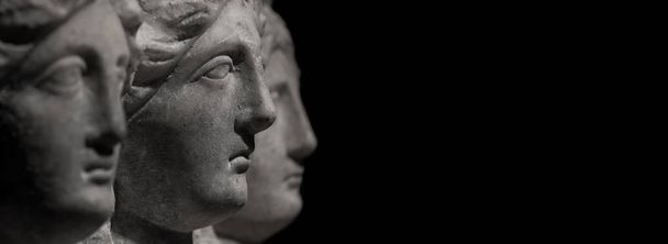 Мраморные древние головы женщин, смотрящих друг на друга на изолированном черном фоне
 - Фото, изображение