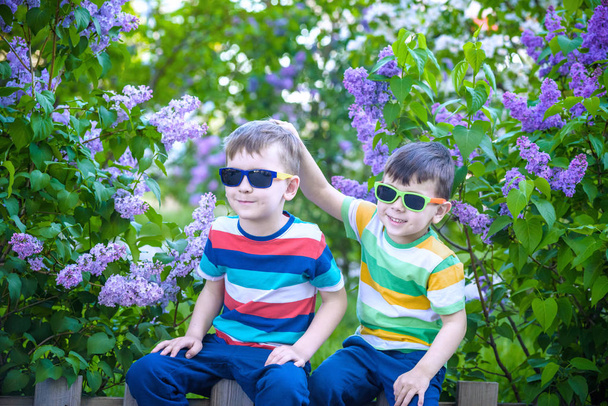Portrét dvou bratříčků sedících na malém plotě v křoví šeříku, oblečených v neformálním stylu a slunečních brýlích na pozadí města a krajiny parku. Šťastné dětství přátelství koncept. - Fotografie, Obrázek