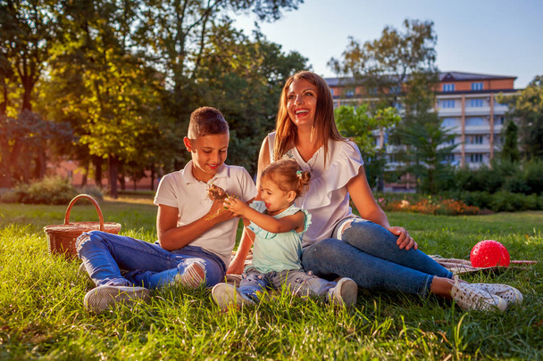 Ευτυχισμένη οικογένεια που ξοδεύουν χρόνο σε εξωτερικούς χώρους sittting στο γρασίδι στο πάρκο. Μητέρα με δύο παιδιά γιος και κόρη του χαμογελώντας. Οικογενειακές αξίες - Φωτογραφία, εικόνα