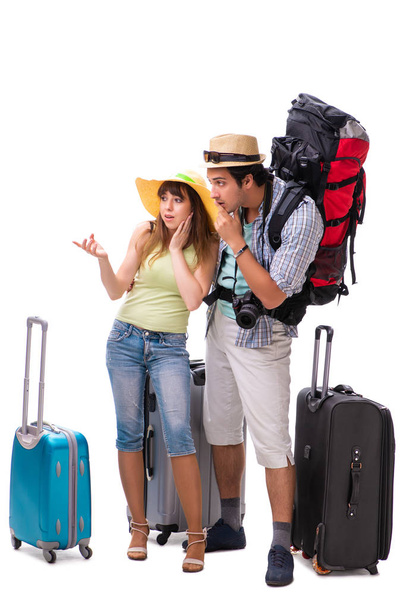 Jonge familie voor te bereiden op vakantie reizen op wit - Foto, afbeelding