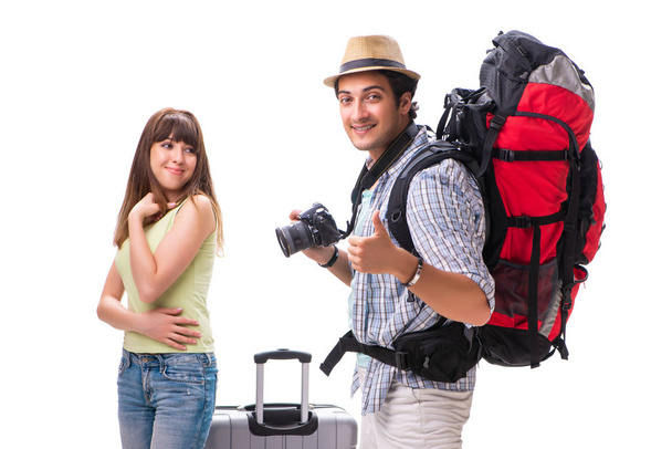 Young family preparing for vacation travel on white - Фото, изображение