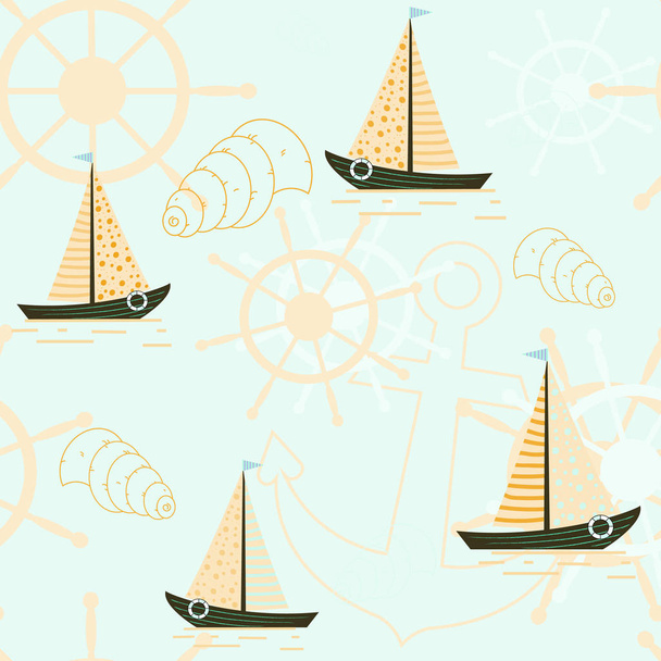 Vector seamless pattern with ships, anchors and seashells. Sea pattern. Design of a substrate on a theme of rest, vacation, the sea. - Вектор, зображення