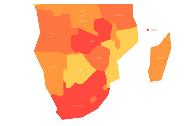 Politieke kaart van de regio van zuidelijk Afrika. Simlified schematische vector kaart in tinten van Oranje - Vector, afbeelding