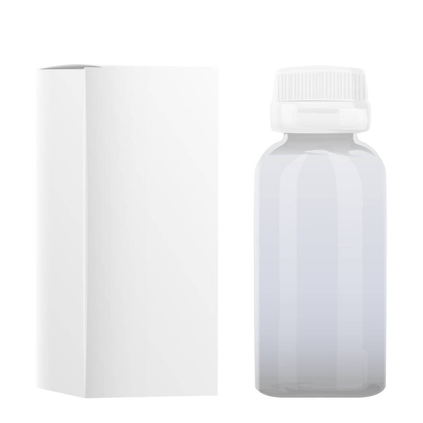 leere Plastikverpackungsflasche mit Deckel für Pillen-Vektor isoliert auf Hintergrund-Attrappe - Vektor, Bild