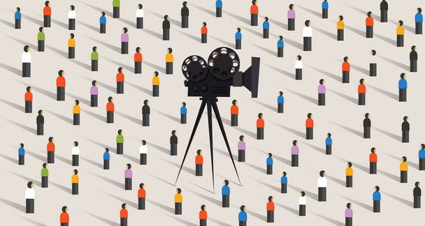 Видеокамера онлайн социальная векторная иллюстрация изолирована. толпа людей сообщество вместе в Интернете смотреть фильм
 - Вектор,изображение