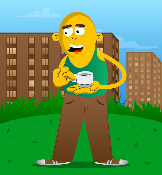 黄色男は一杯のコーヒーを保持しています。ベクトル漫画の実例. - ベクター画像