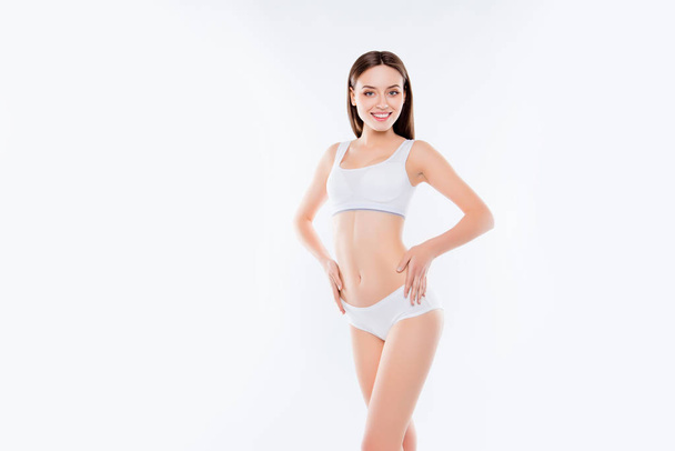 Portrait of thin slender woman with perfect body in white cotton - Zdjęcie, obraz