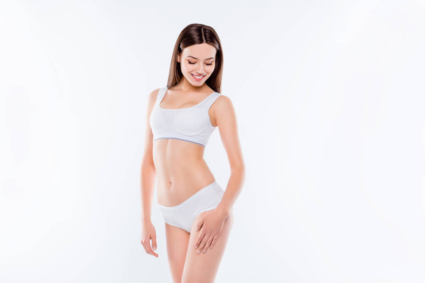 Portrait of thin sportive woman with perfect body in white cotto - Zdjęcie, obraz