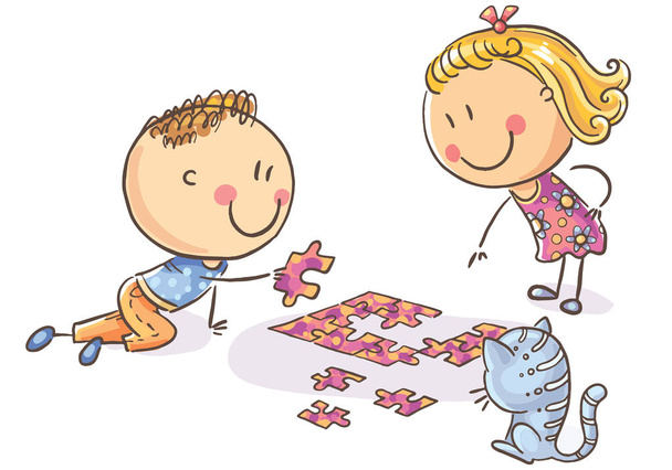 Felice cartone animato bambini cercando di assemblare puzzle
 - Vettoriali, immagini