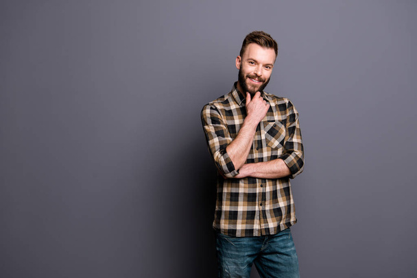 Portrait of young happy brunet man in brown checkered shirt and  - Foto, Imagem