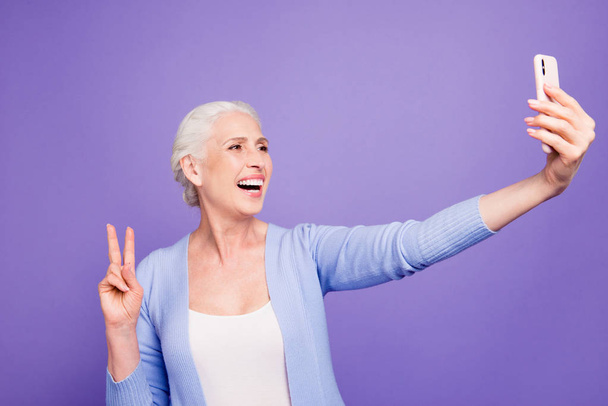 Grey haired old happy excited funny funky woman wearing casual,  - Foto, afbeelding