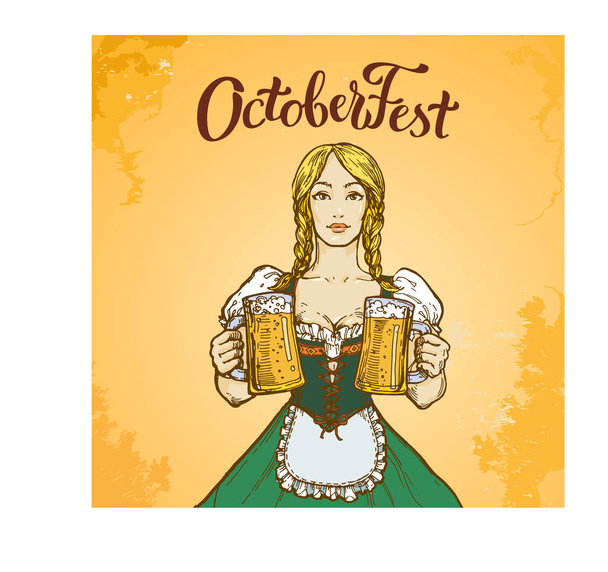 Sexy blond young woman in dress with beer mugs. Octoberfest hand drawn vector illustration, design for poster - Vector, imagen