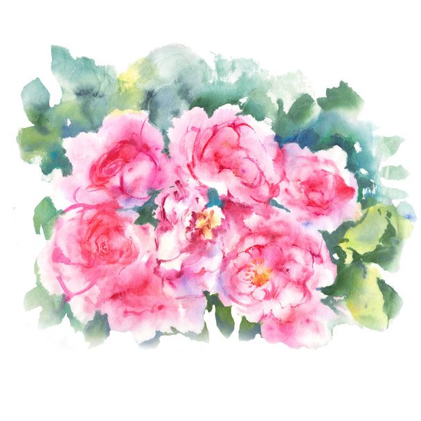 Pink roses with green leaves watercolor illustration Chinese art painting - Фото, изображение