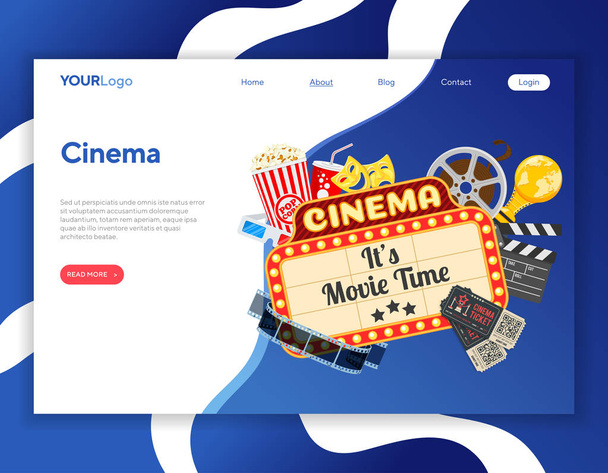 Cinema and Movie time web concept with flat icons transparent film, popcorn, signboard, masks, award and tickets. Landing page template. Vector illustration - Vector, Image