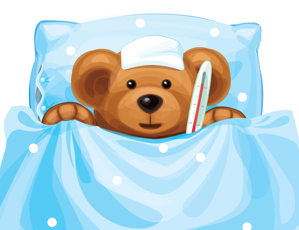 διάνυσμα της αρκούδας άρρωστο μωρό με θερμόμετρο στο κρεβάτι. - Διάνυσμα, εικόνα