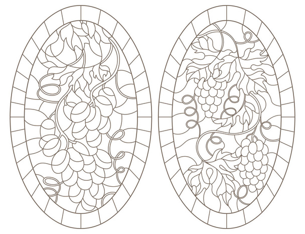 Set of contour illustrations in stained glass style with grape framed, oval images, dark contours on white background - Vector, Image