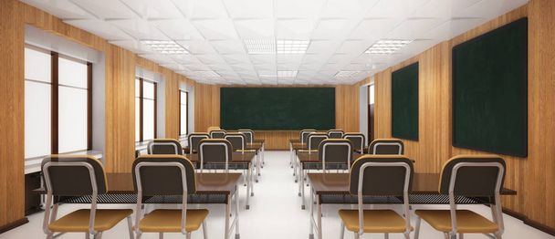 vista frontal interior del aula moderna de madera, educación ilustración 3D
 - Foto, imagen