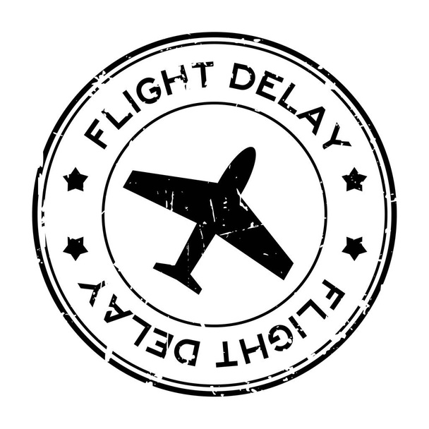 Grunge zwarte vlucht vertraging woord met vliegtuig pictogram ronde stempel-zegel op witte achtergrond - Vector, afbeelding