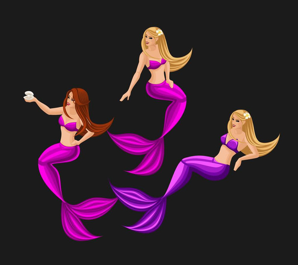 Isometry fairy characters on a dark background, beautiful mermaids, a bright set of characters - Vector, afbeelding