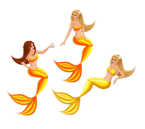 Isometry fairy characters on a dark background, beautiful mermaids, a bright set of characters set 3 - Vector, afbeelding
