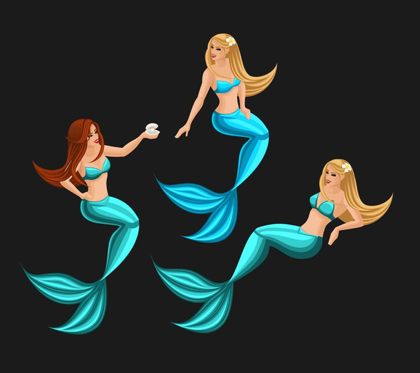 Isometry fairy characters on a dark background, beautiful mermaids, a bright set of characters set 2 - Vector, afbeelding
