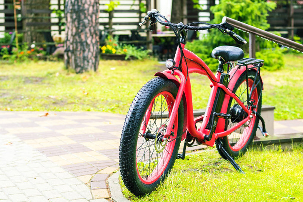 Punainen sähköpolkupyörän leveät renkaat seisoo vihreä ruoho sateinen päivä
 - Valokuva, kuva