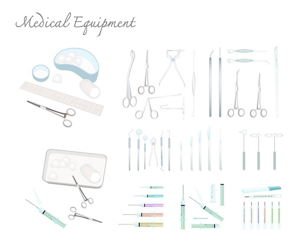 Tıbbi kavramı, çeşitli şırınga şırınga, Mercury termometre, yara bakım seti, diş hekimi araçları ve beyaz arka plan üzerinde izole cerrahi aletler illüstrasyon Set. - Vektör, Görsel