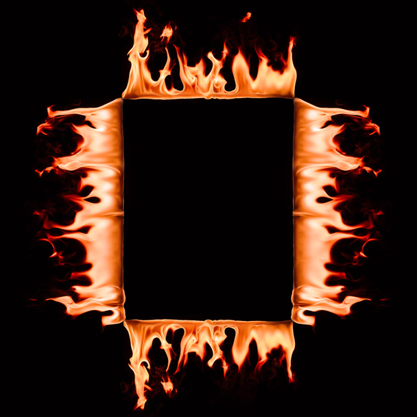close up view of burning square frame isolated on black - Photo, Image