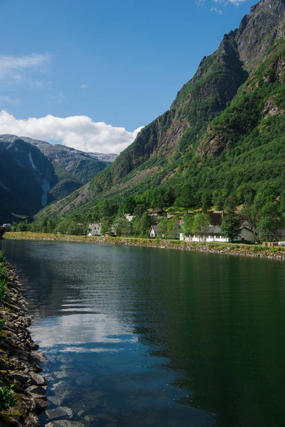 beautiful lake and mountains in Gudvangen, Neirofjord, Norway - Photo, Image