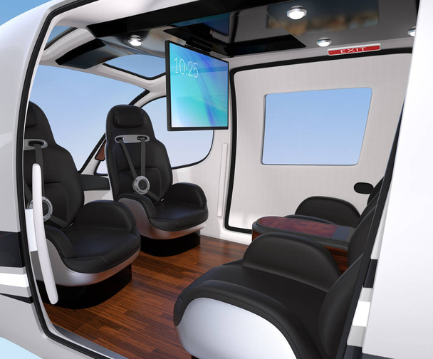 Interior de Passenger Drone equipado con monitor de techo, asientos de cuero de lujo hacia atrás. Imagen de renderizado 3D
. - Foto, Imagen