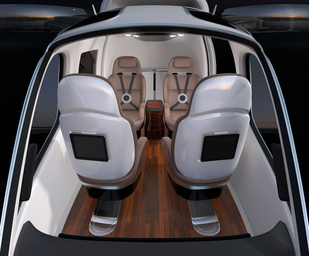 Vista frontal del interior de Passenger Drone. Asientos de cuero delanteros vueltos hacia atrás. Imagen de renderizado 3D
. - Foto, Imagen