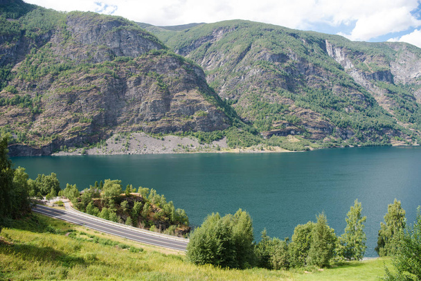 aerial view of majestic landscape with beautiful mountains and Aurlandsfjord, Flam (Aurlandsfjorden), Norway - 写真・画像